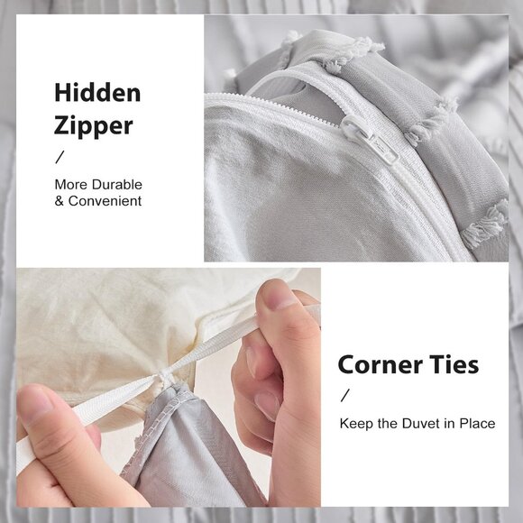 Boho Duvet Cover Striped Textured Duvet Cover Set Tufted Bedding Set  Lightgrey - Picture 5 of 7